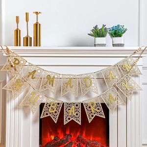SmoothNovelty 2 Pcs Eid Ramadan Mubarak Banner Wooden Ramadan Mubarak Decoration Rustic Bead Decorations Banner Muslim Party Decor Supplies for Home Fireplace Indoor Outdoor(Gold Letter)