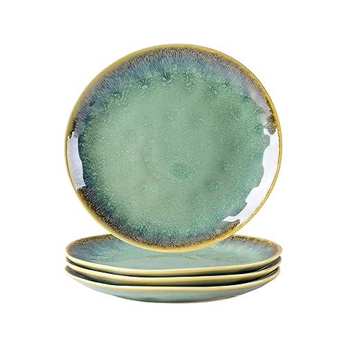 Henten Home Ceramic Dessert Plates, 8.5 Inch Salad Plate Set of 4, Porcelain Snack Serving Dishes for Cake, Kitchen, Microwave & Dishwasher Safe, Reactive Glaze (Green)