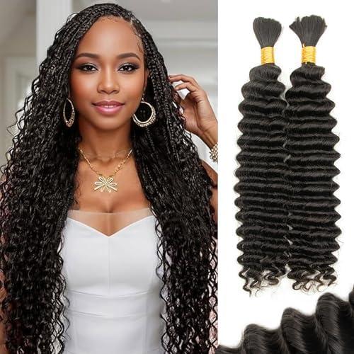 16 Inch Water Wave Braiding Hair 100g 2 Bundles No Weft Bohemian Curly Hair for Knotless Braids Brazilian Virgin Hair Natural Black (16In, 1B)