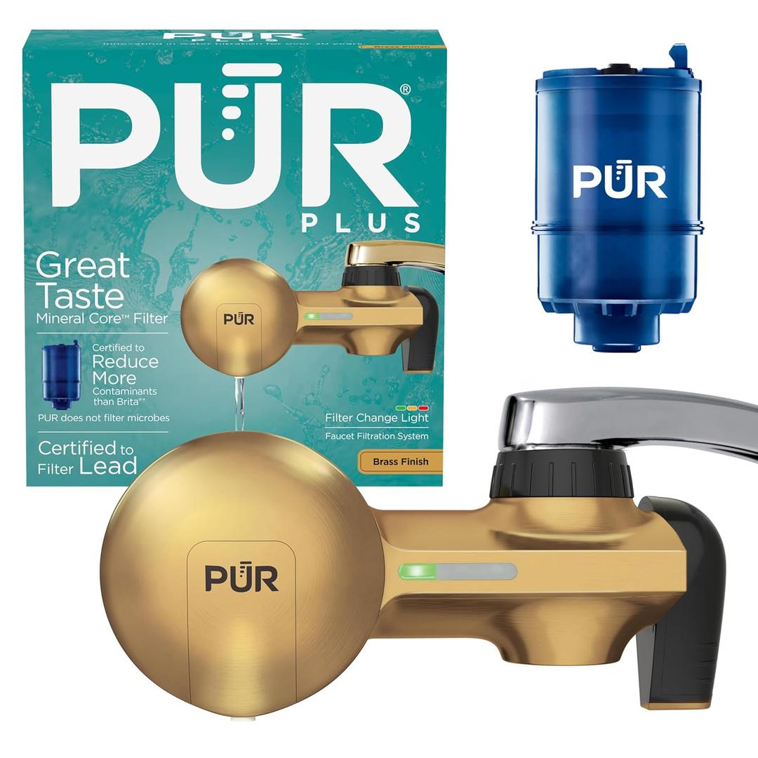PUR Plus Faucet Mount Water Filtration System with Lead Reducing Mineral Core Faucet Filter, Water Filter that Attaches to Kitchen Sink, Horizontal, Brass, PFM410F