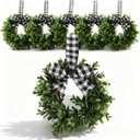 6 Pcs Mini Wreaths for Kitchen Cabinets, 9 Inch Artificial Boxwood Wreath with Buffalo Plaid Bows, Small Farmhouse Candle Rings for Covered Outdoor Window Decor, UV Protected Realistic Greenery