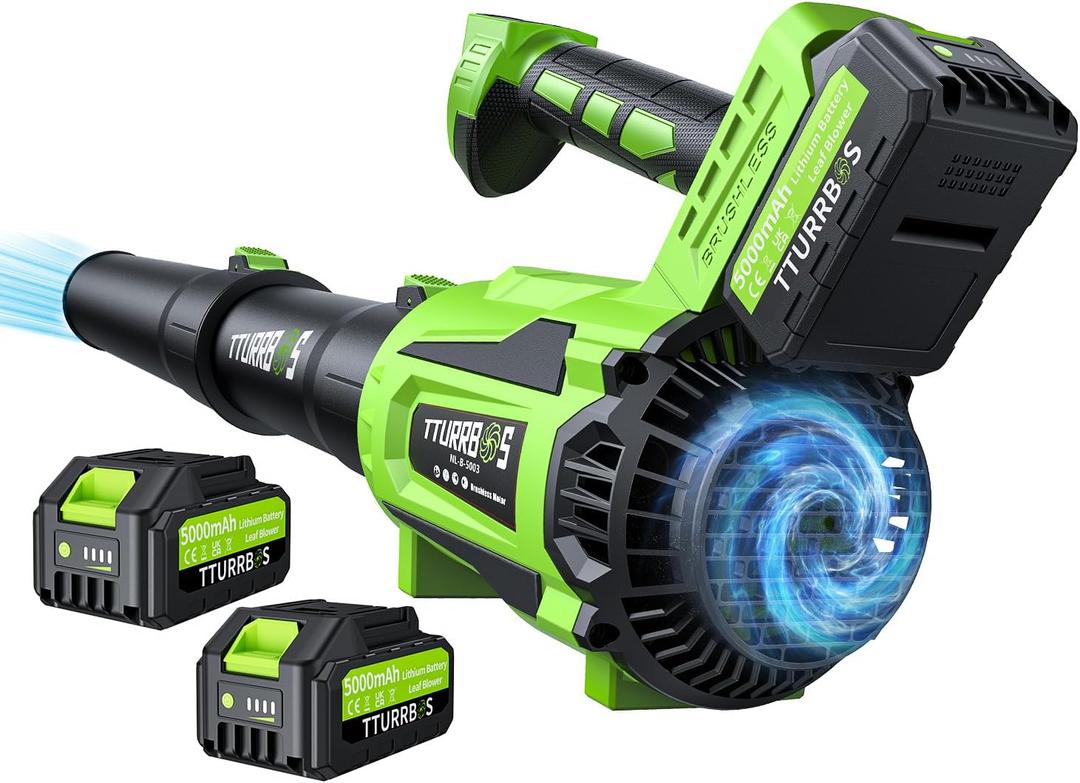 Leaf Blower Cordless - 650CFM Brushless Motor Leaf Blower with 6-Speed Control & Ergonomic Handle - Includes 2 x 5.0Ah Batteries & Fast Charger - Blowers for Lawn Care, Yard, Patio, Leaves, Snow, Dust (Green)
