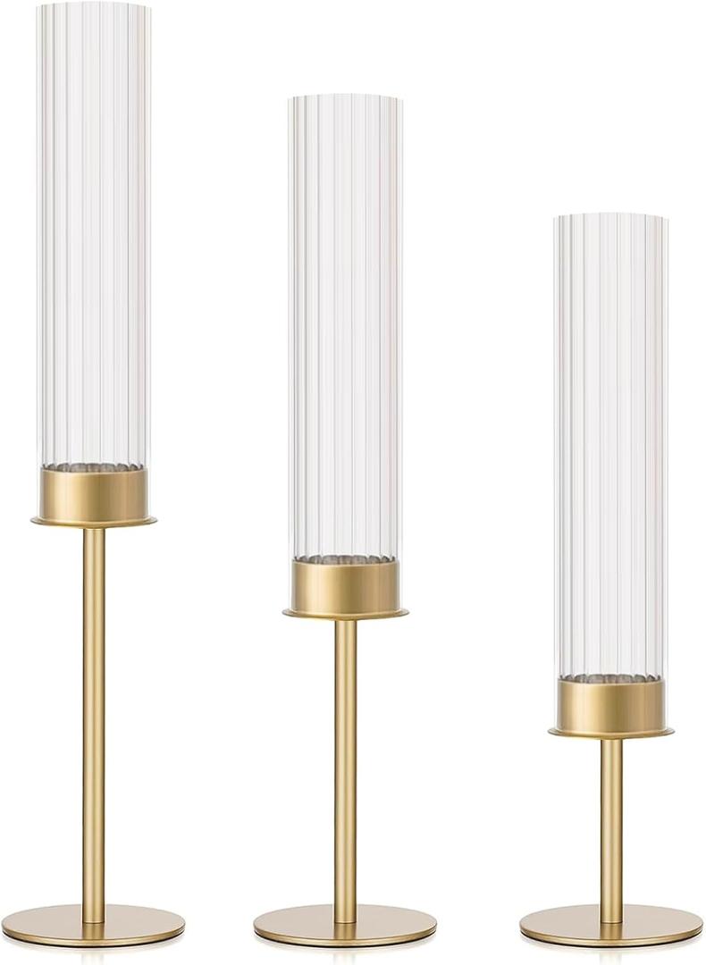 Gold Candle Holders Set of 3 Decorative Taper Candlestick Holders with Windproof Glass for Wedding Reception, Home Decor, and Holiday Centerpieces Elegant Heights of 14'', 16.5'', 18.8''