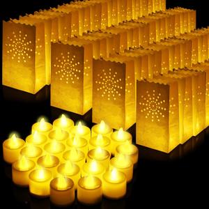 Sabary 50 Sets Luminary Bags with Flameless Tea Lights Outdoor Luminaries LED Lantern Candle Bags for Wedding Birthday Ramadan Christmas Party Decorations Romantic Decor (Sun)