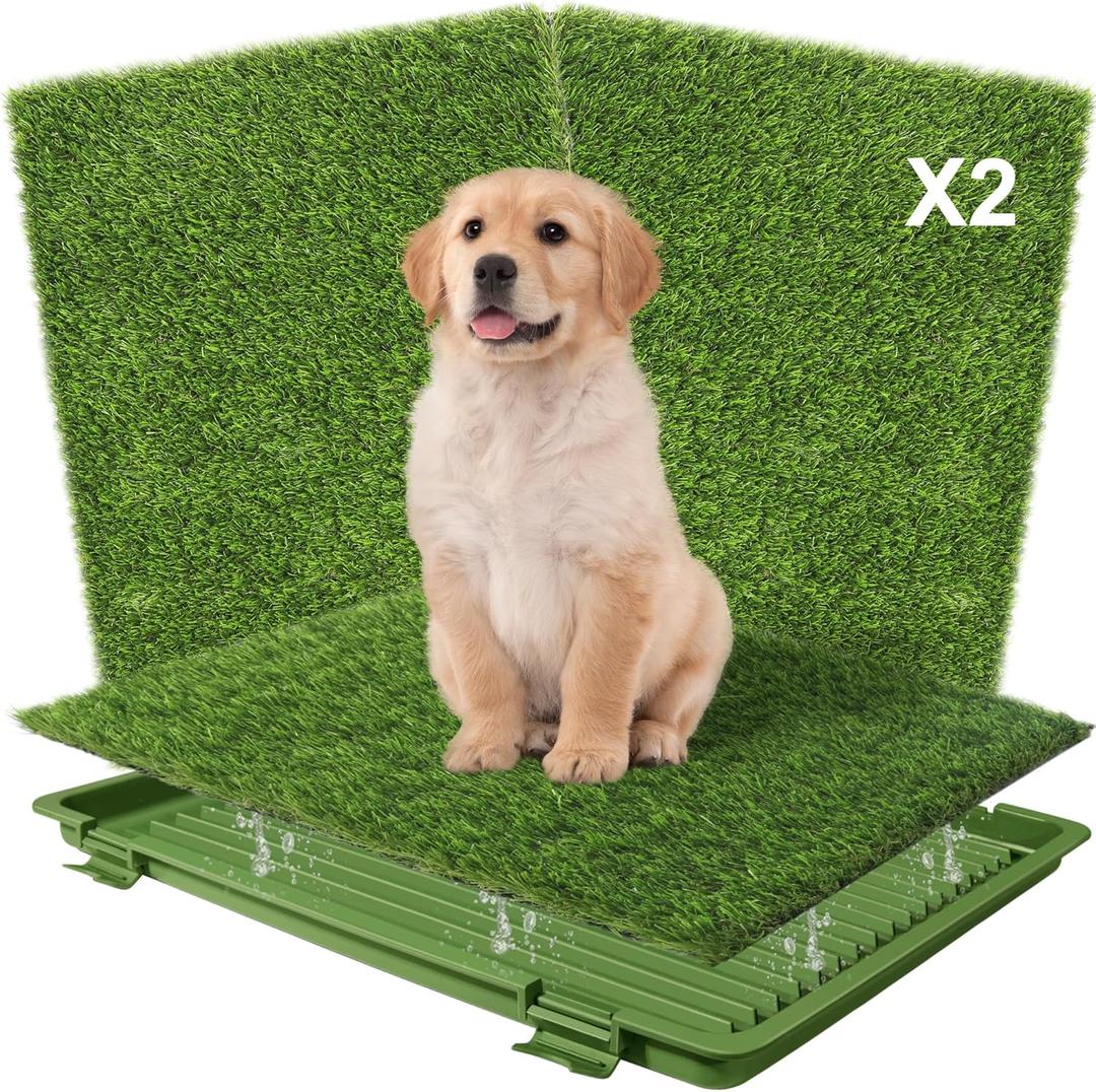 Dog Grass Pad with Tray: Reusable Training Pad with 2-Pack Replaceable Artificial Grass - Quick Absorbent Indoor Portable Dog Patio Potty, Washable Pee Pad For Small Medium To Large Dog, 22"x18" Green