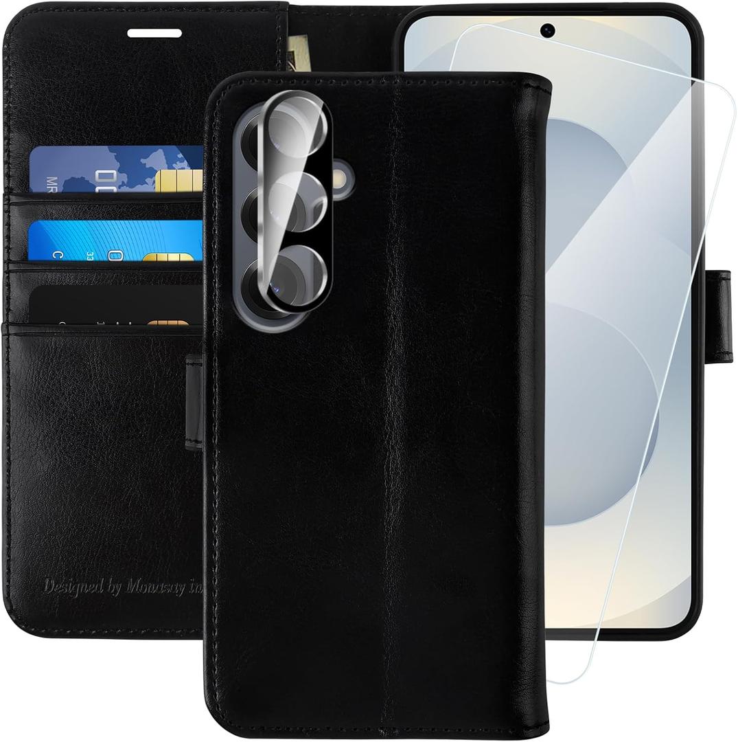 MONASAY Wallet Case Fit for Samsung Galaxy S25 5G, [Lens & Glass Screen Protector Included] [RFID Blocking] Flip Folio Leather Cell Phone Cover with Credit Card Holder, 6.2 inch, Black