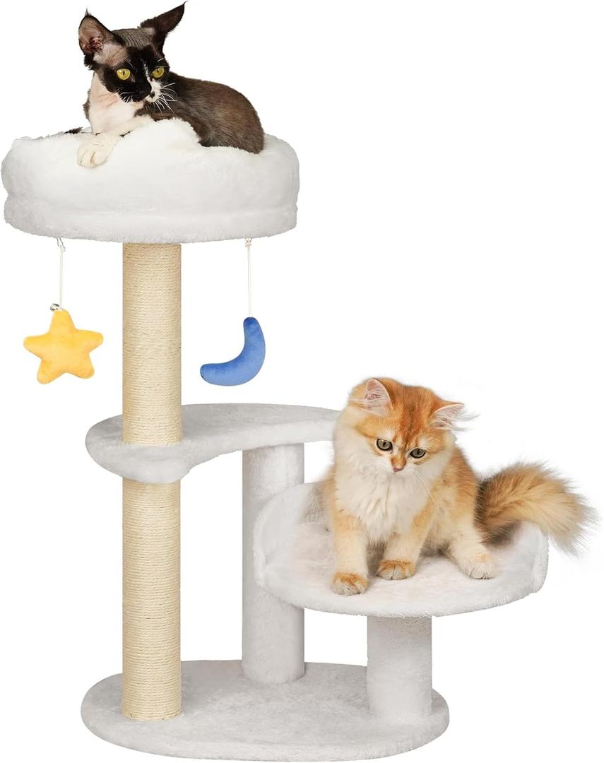 Kitten Cat Tree for Small Cats Under 6 Months, 24.4in Cloud Cat Scratching Post with Bed & Toys, Max Weight 5lbs, Compact Cat Tower with Dangling Balls, White