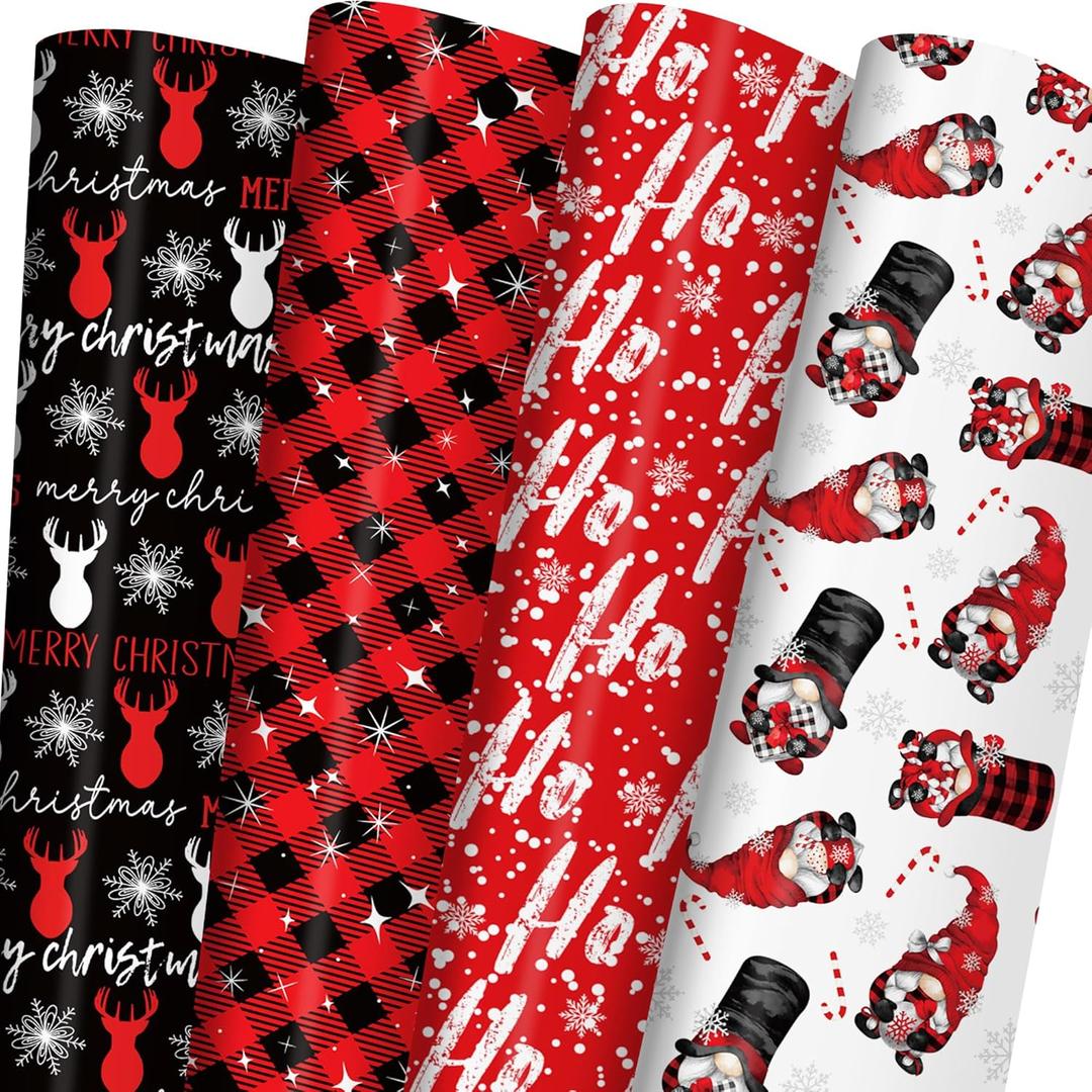ZINTBIAL Christmas Wrapping Paper for Kids Adults - Xmas Wrapping Paper with Red/Black Plaid, Reindeer, Gnome, Ho Ho Words - 28 x 40 Inches, 6 Jumbo Sheets, Easy to Store