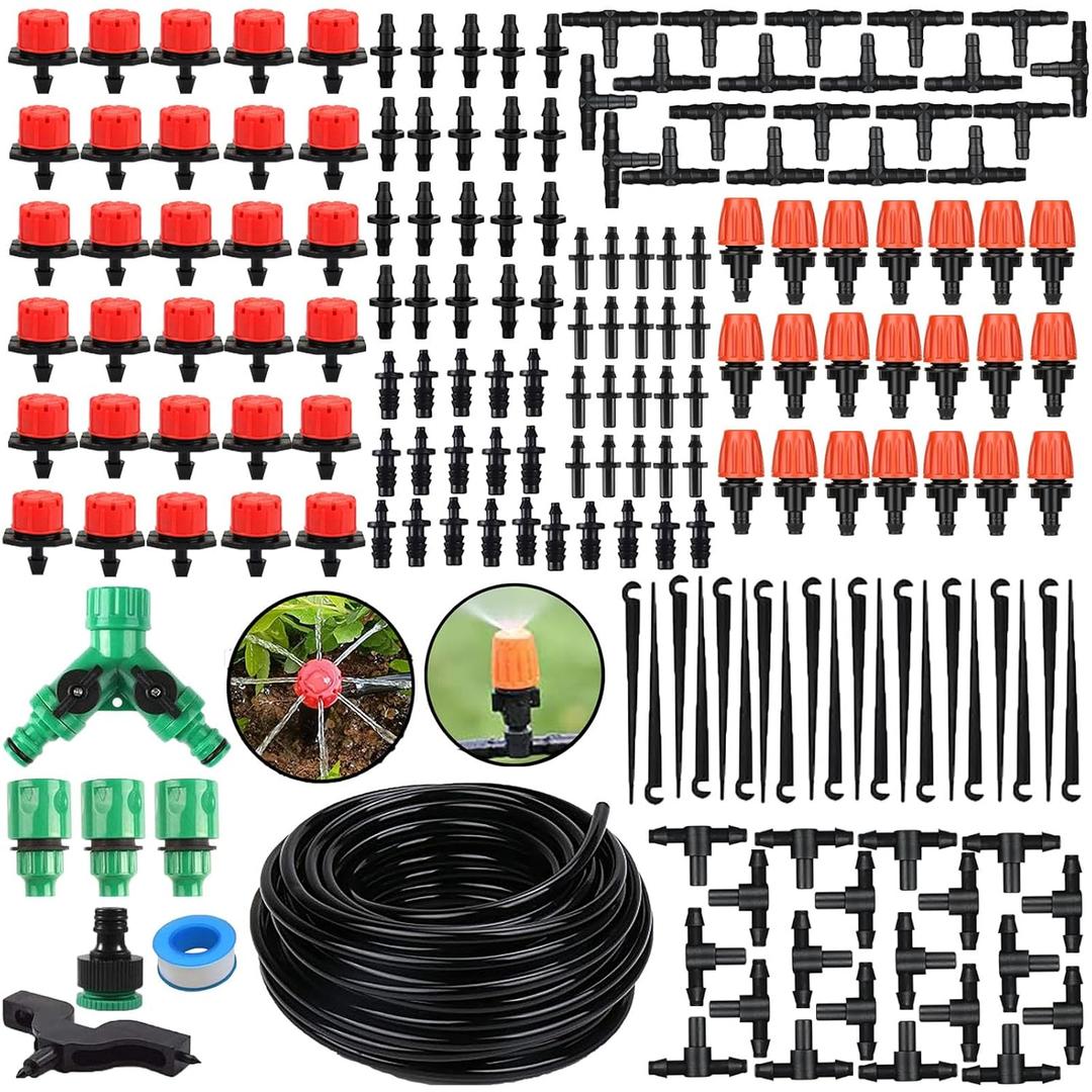 Ofcox Drip Irrigation System, 50FT 1/4 Blank Distribution Tubing with 168PCS Fittings, Automatic Watering Kit for Garden Greenhouse Flower Bed Patio Lawn