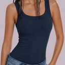 OwnTime Womens Tank Tops with Built in Bras Summer Square Neck Sleeveless Shirts Ribbed Fitted Basic Casual Tops (Blue, L)