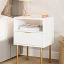 Masupu Nightstand,Mid-Century Modern Bedside Table with Storage Drawer and Open Wood Shelf,Small Gold Frame Side Table for Bedroom,Living Room,White