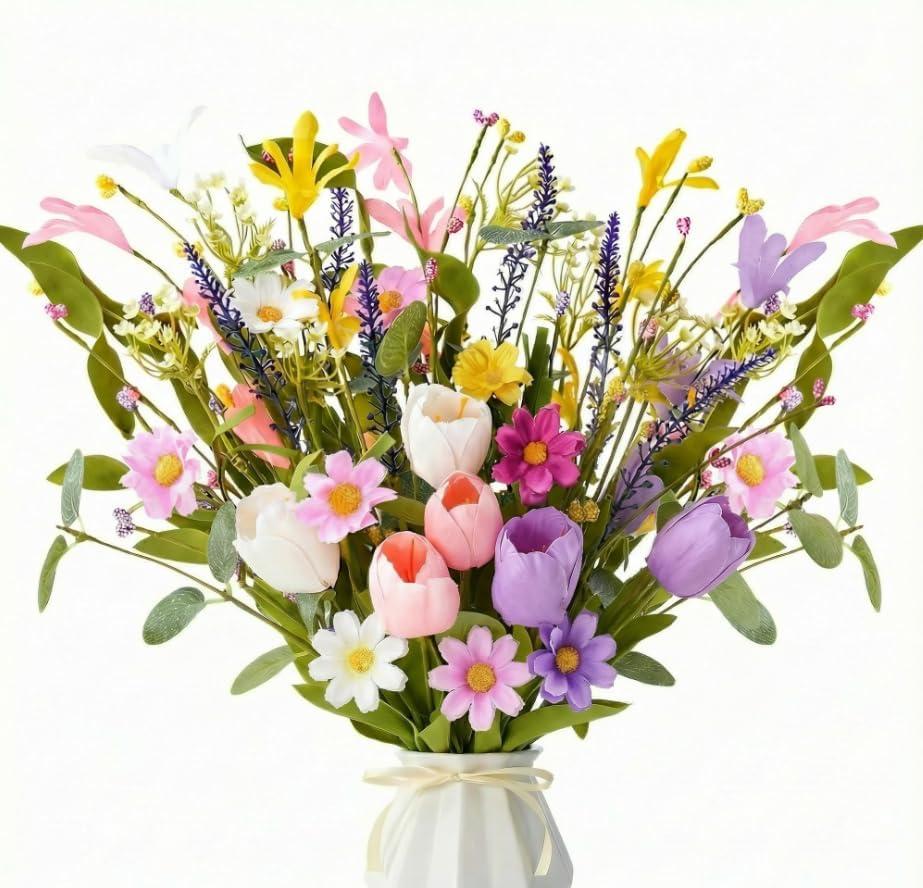 6 Pack Spring Decorations for Home, 4 Colors Flowers Artificial for Decor, 17 Inch Flores ArtificialEs para Decoracion with Tulips, Daisy and Forsythia for Spring Summer Decor