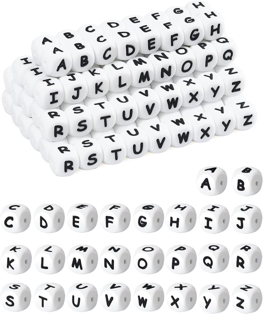 130Pcs FIVEIZERO Silicone Letter Beads, 12mm A-Z Alphabet Beads,Square Bead for Bracelets and Keychains, Large Letter Bead for Necklaces and Lanyards MakingWhite