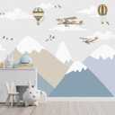 -Children's Room Cartoon Balloon Mountain Fabric Wallpaper Nursery Mural 100" x 65" (Not Peel and Stick)