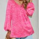 2 x Zenlonr Women's Summer Tops Dressy Casual 2025 V Neck Satin Silk Printed Shirts Boho Long Sleeve Work Blouses(Print Pink,Large) (Pink, L)