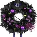 Halloween Wreath for Front Door 26" Tinsel Black Witch Wreath with Hat Legs and Purple Pumpkin for Fall Autumn Indoor Window Door Thanksgiving Halloween Decorations