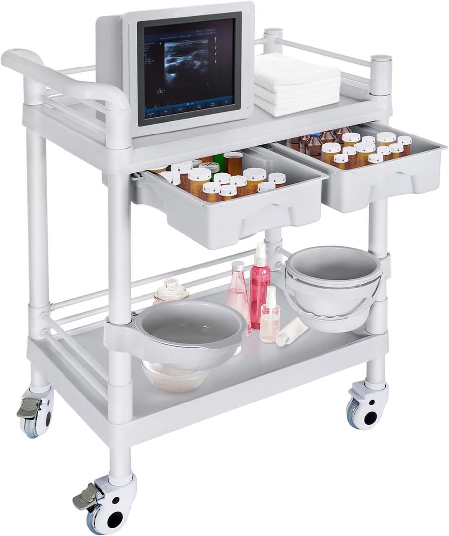 Medical Mobile Trolley Cart 2-Shelf 220 LBS Max Load Rolling Utility Cart Heavy Duty Beauty Salon Storage Cart with Drawers Dirt Buckets Rotate Wheels 2 Brake for Hospital Dental Clinic Home (2-tier Light Gray)