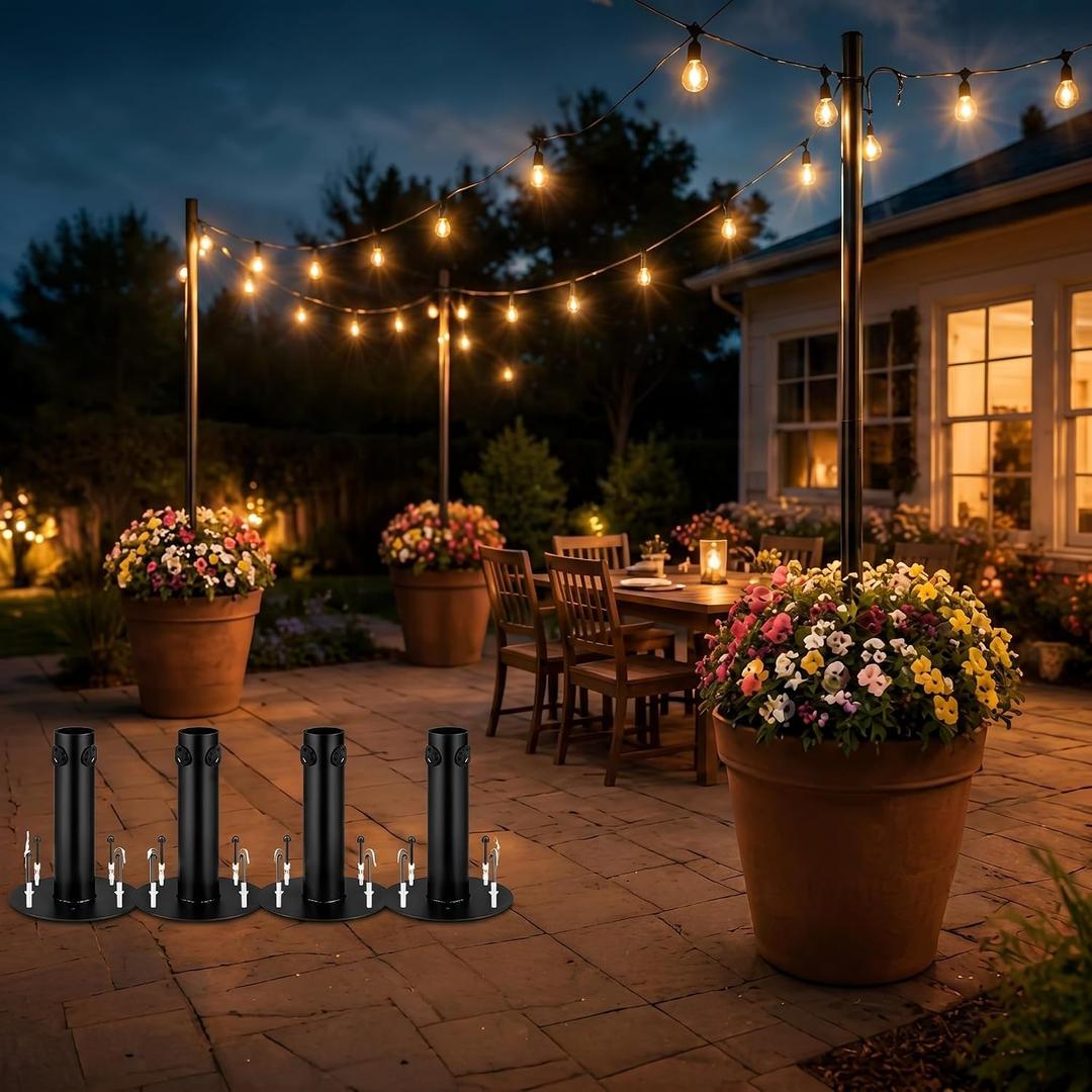 6 Pack String Light Pole Base for Planters, Heavy Duty Metal Holder for Outdoor Patio String Lights, Fits 1.5 Inch Poles, Rust Resistant Mount with Screws for Backyard Garden Decor