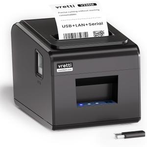 vretti Thermal Receipt Printer, 3'1/8 80mm Direct Thermal Printer with USB Serial LAN Port - Kitchen POS Printer ESC/POS Command Support Cash Drawer