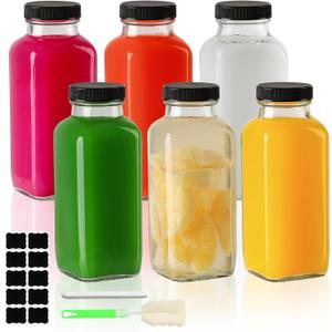 Glass Juice Bottles with Lids 12 oz, Reusable Glass Bottles 6 pcs, Square Juice Jars, Drink Containers with Caps for Smoothies, Kombucha, Beverages