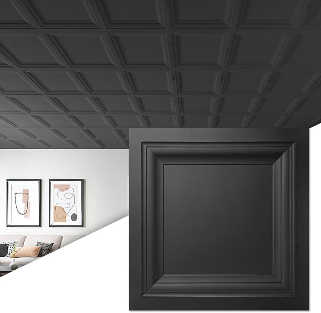 Art3d 24-Pack Square Drop Ceiling Tile 2ft x 2ft in Black, PVC Ceiling Panel 24 x 24in. - Compatible with 15/16" Drop Ceil Grid System,24pcs-24*24, Black