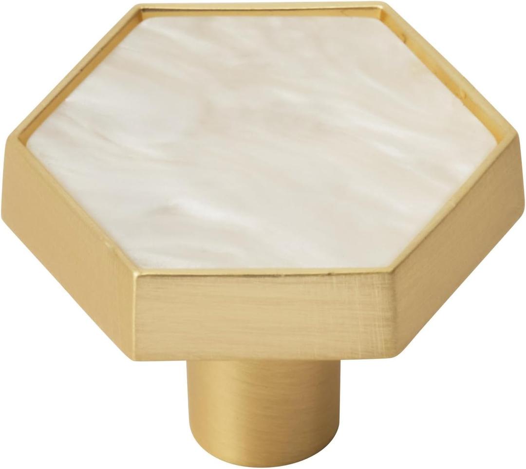Amerock 2PK36973MOP Accents Hexagon Cabinet Knob | Furniture Knob | 1-5/16 inch (33mm) Length Gold/Mother of Pearl Decorative Drawer Pull (Geometric)