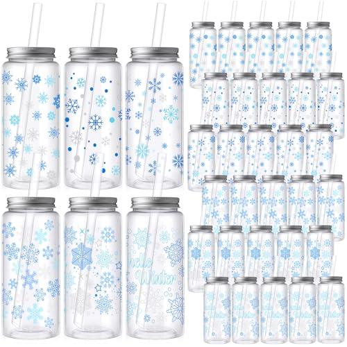 Skylety 30 Pcs Winter Plastic Cups with Lids and Straws 13.5 oz Snowflakes Reusable Plastic Cups Tumbler Winter Snowflakes Party Decor for Holiday Christmas Women Birthday Wedding Party Supplies
