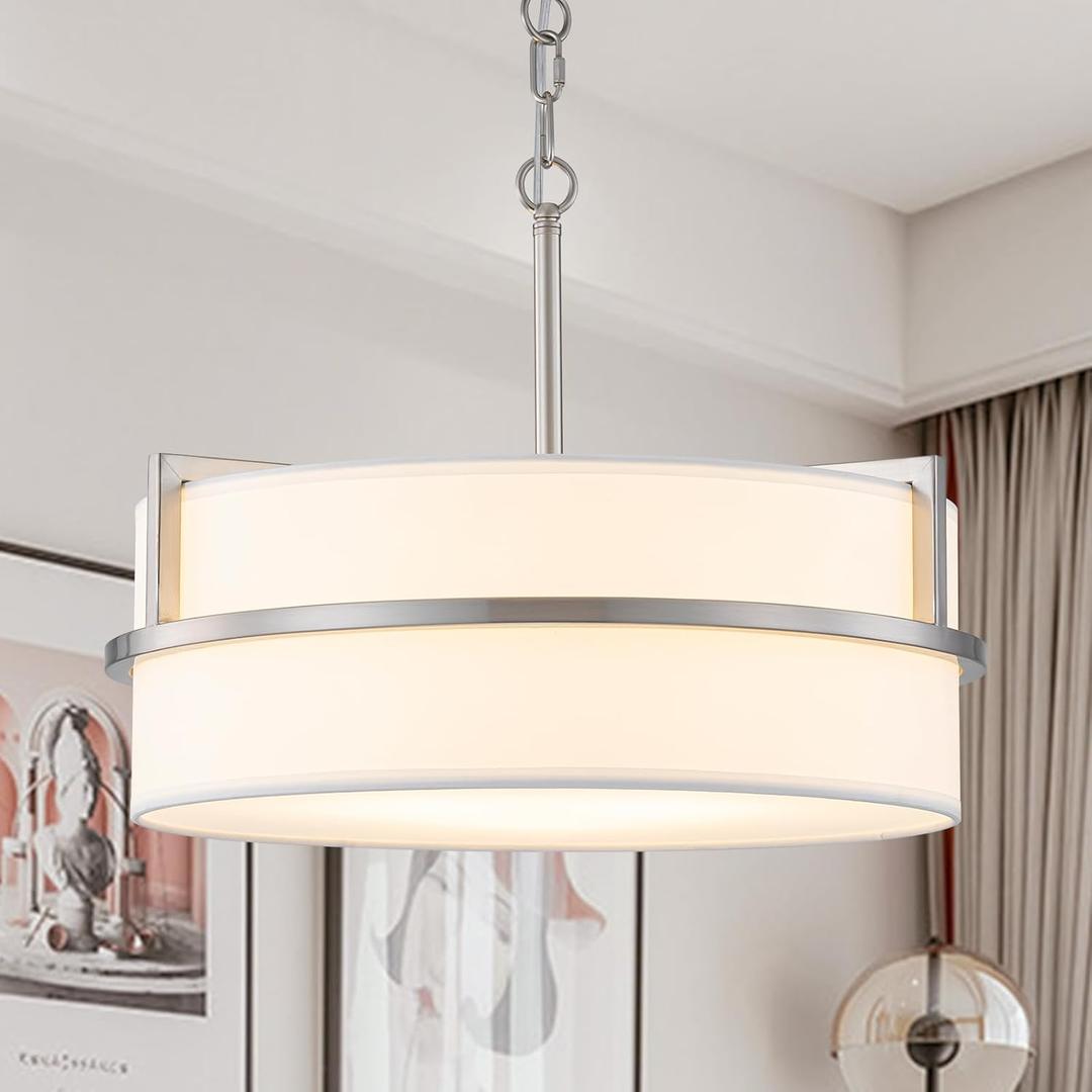 15.7" Modern Drum Chandelier Ceiling Light Fixture,3-Light Drum Pendant Light with White Fabric Shade,Adjustable Brushed Nickel Dining Room Chandelier for Kitchen Island Over Table Bedroom,E26