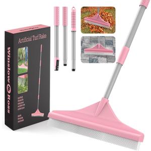 Artificial Turf Rake with Steel Telescopic Handle, 32 to 55 Inch 3 Piece-Pole Easy Storage Design, Garden Hand Boom Rake for Artificial Grass, Carpet Pet Hair, Lawn Leaves and Debris Remove, Pink