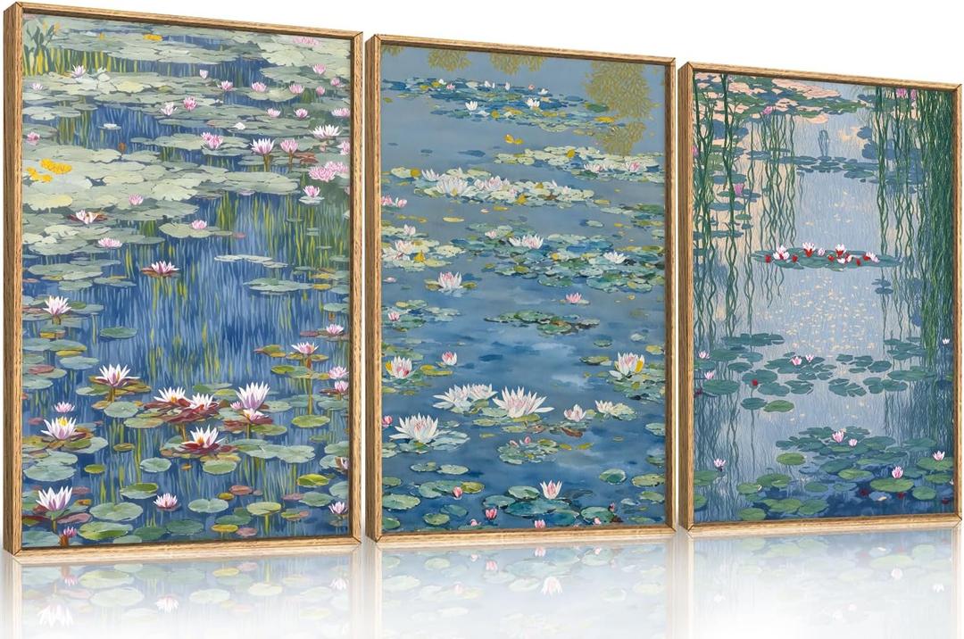 Large Nature Lilies Ponds Framed Canvas Wall Art,Impressionist Flower Wall Decor,Claude Monet Style Wall Painting,Garden Botanical Artwork for Living Room,Bedroom,Dining Room,Office -16"x24"x3