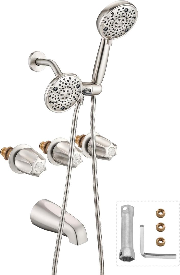 5" Dual Shower Faucet Combo& Bathtub 3 Handle Knob Replacement for Price Pfister Verve Remodel/Rebuild Trim Kit, Brushed Nickel