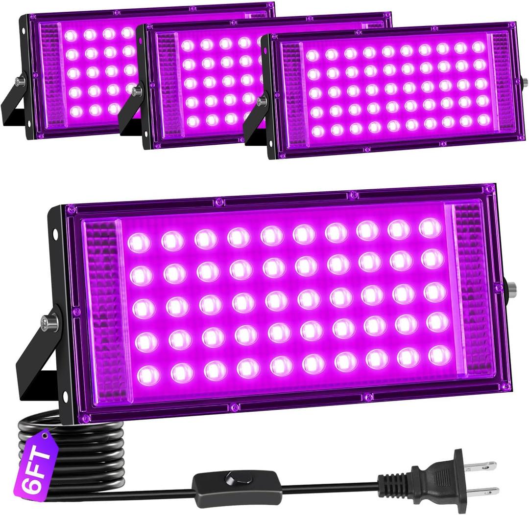 4 Pack 50W LED Black Light IP66 Waterproof, Outdoor Blacklight Flood Light with Switch+6FT Cord, Blacklight Spotlight for Neon Glow in The Dark Party Body Paint Fluorescent Poster Classroom Halloween
