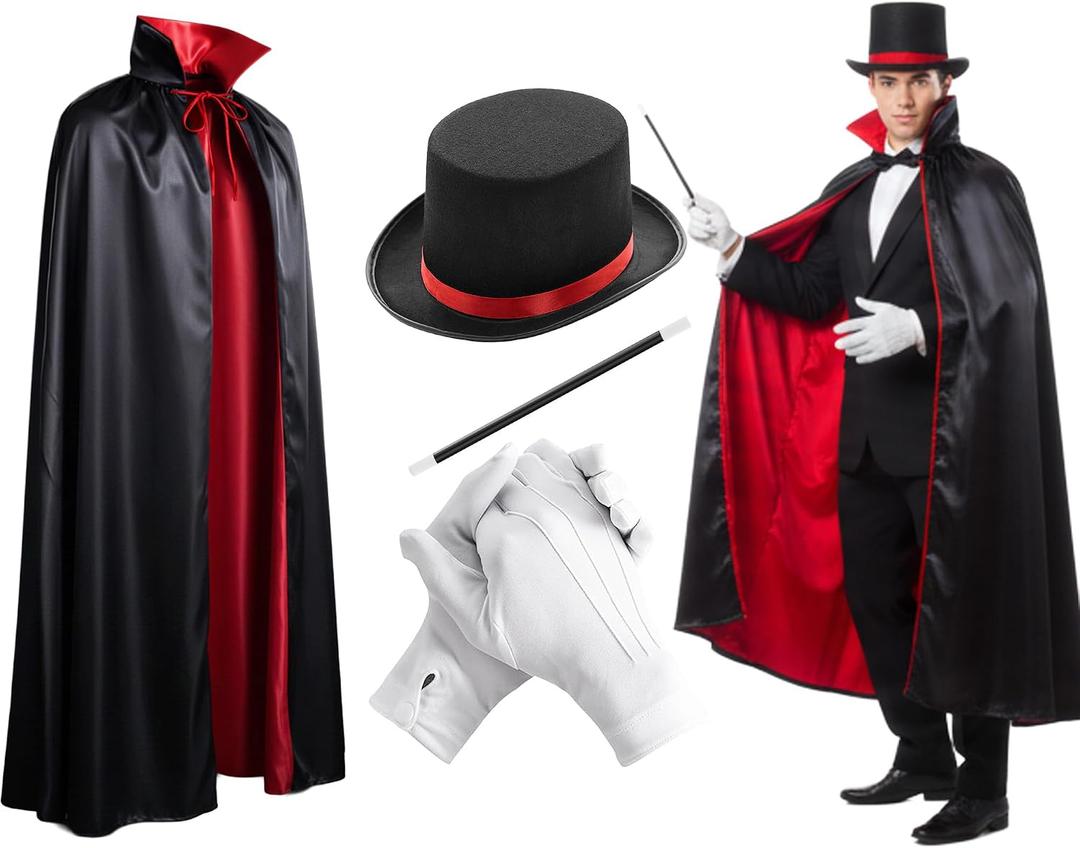 4 Pcs Red Black Magician Set Wizard Ribbon Hat Cape Gloves Wand Unisex Gothic Costume for Halloween Cosplay Stage