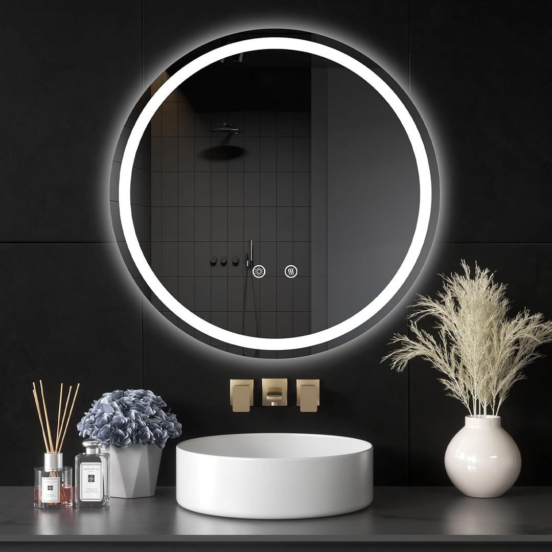 LED Bathroom Mirror with Lights, 36" Round Mirror for Bathroom,Wall Mounted Makeup Mirror, Dimmable, Anti-Fog, Shatter-Proof Tempered Glass, 3-Color Light, Memory Function, UL Listed