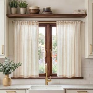 jinchan Taupe Striped Linen Kitchen Curtains 45 Inch Cafe Tier Curtains Balanced Stripe Farmhouse Small Drapes for Bathroom Laundry Over Sink Half Window Light Filtering 2 Panels Tan on Linen