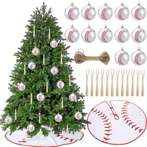 Syhood 26 Pcs Baseball Christmas Decor Set Include 12 Sports Ball Ornaments 36'' Print Christmas Tree Skirt 12 Wooden Sports Bat Ornaments and Rope for Home Xmas Holiday Party