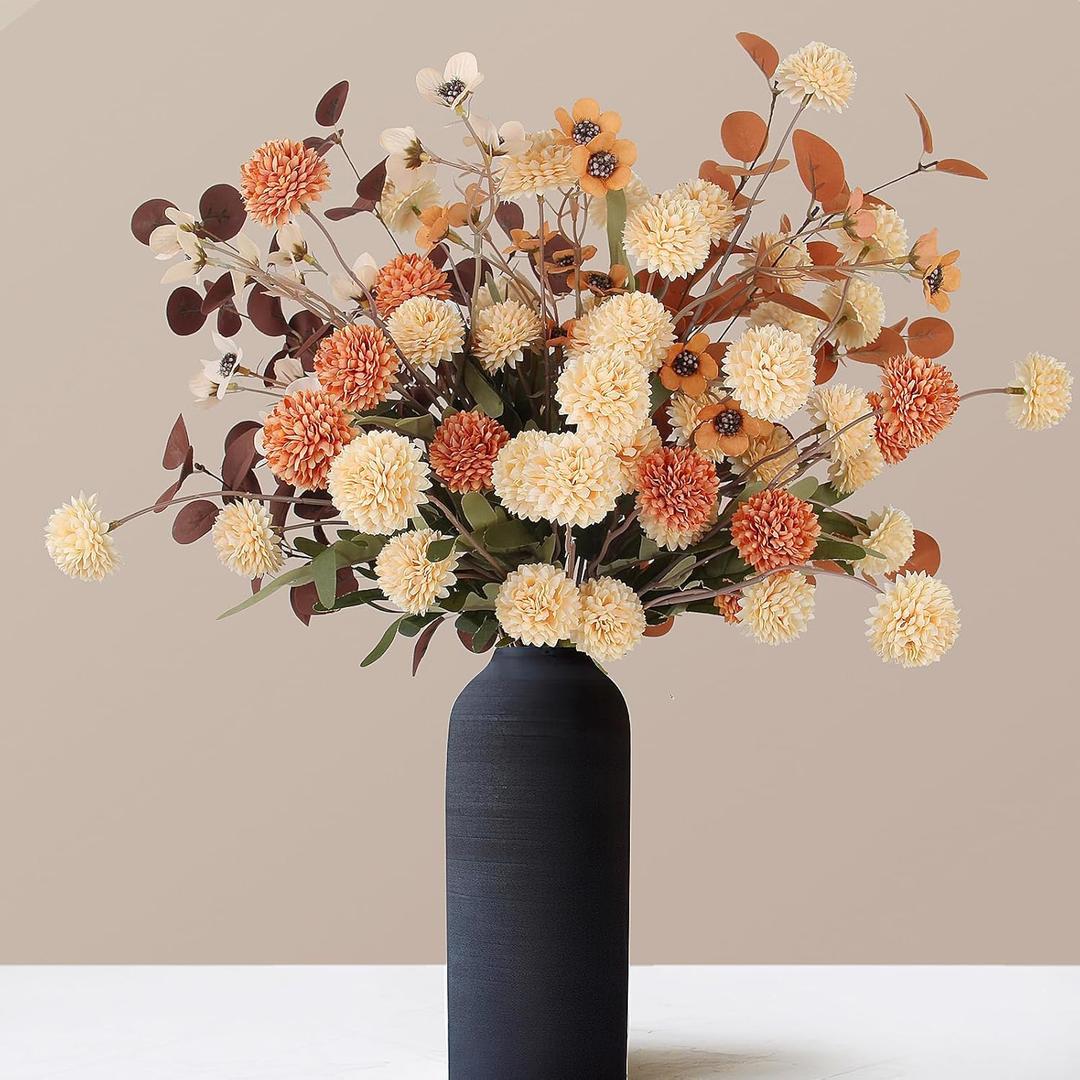 Artificial Fall Flowers - 14pcs Fall Faux Pompon Mum Flowers, Beige Silk Fake Chrysanthemum Kiku Blooms Flower Bulk with Eucalyptus Stems for Bouquets Decor,Fall Decorations, Floral Arrangements