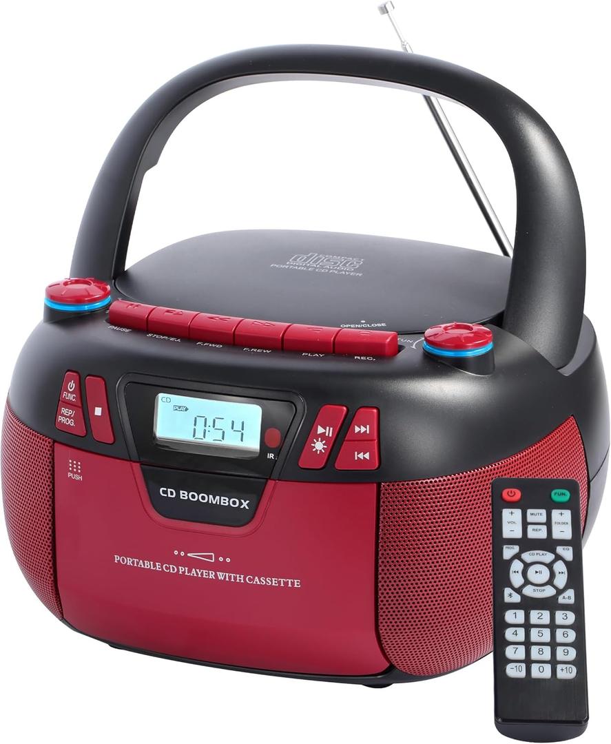 Boombox CD Player with Bluetooth and Cassette Player | Portable AM/FM Radio, MP3/USB/AUX Input, Stereo Sound System with Recorder, AC & Battery Powered for Home & Outdoor (Red)