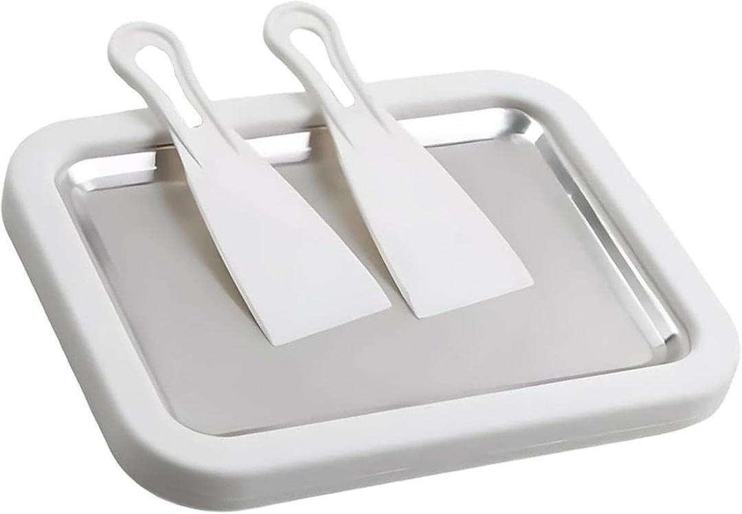 At-Home Rolled Ice Cream Maker Kit, Instant Freeze Plate with 2 Scrapers, DIY Homemade Ice Cream Tray, Stainless Steel Frozen Yogurt Machine for Kids (White, 8.8 * 6.8in/22.5 * 17.5cm)