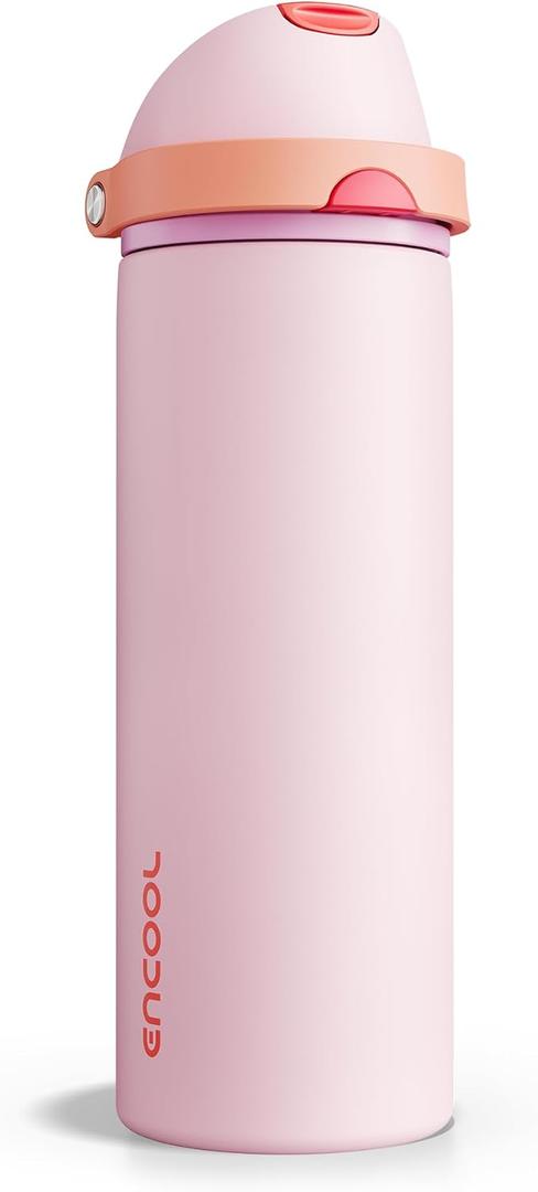 Insulated Water Bottle with Straw - Encool Stainless Steel Water Bottle with Push Button Lid, Leak-Proof & BPA-Free, Keeps Cold for 24 Hours for Sports, Travel, Gym (24 oz, Lily-Red)