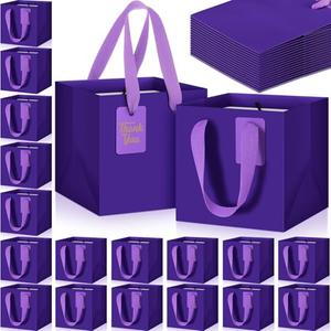 Windyun 50 Pcs Mini Paper Gift Bags with Handle 6 x 6 x 6'' Square Small Favor Bag with DIY Thank You Tag for Christmas Birthday Wedding Bridal Shower Bridesmaid Graduation Party (Purple)