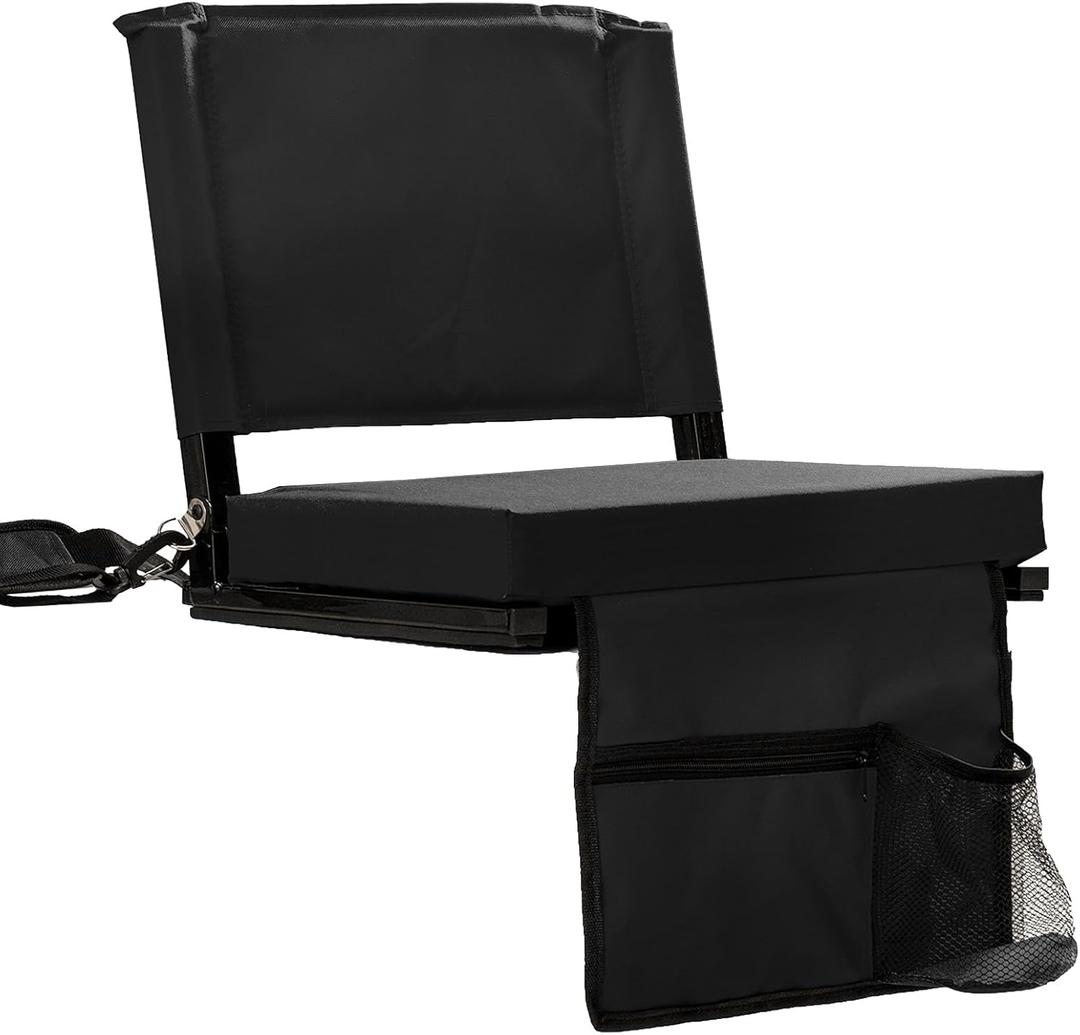 Stadium Seats with Back Support for Bleachers, Folding Bleacher Seat Bleacher Chairs with Back and Cushion, Padded Stadium Chair with Shoulder Strap, 3 Large Mesh Pocket & Carry Handle (Black)
