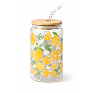 16 Oz Drinking Glasses with Bamboo Lids and Glass Straw - 6 Pcs Glass Cups Beer Ice Coffee Glasses Cute Aesthetic Cup Great for Coffee Bar Accessories Include 2 Cleaning Brushes