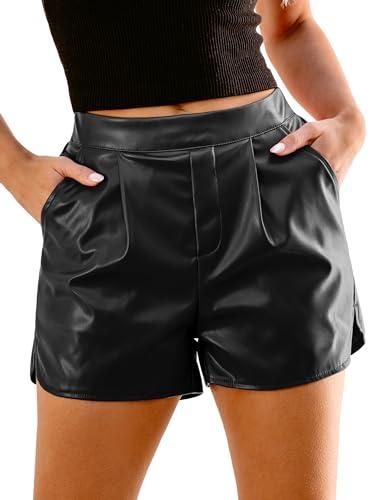 luvamia Faux Leather Shorts for Women High Wasited Pull On Pleated Side Slit Pleather Shorts With Elastic Waist Pockets Black Faux Leather Shorts Black Shorts Women Black Size M