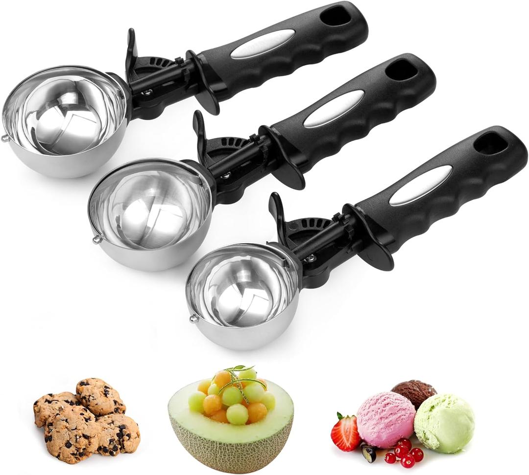 Ice Cream Scoop Set, Large Cookie Scoop Set 3 PCS for Baking, 3.25 Tbsp / 4.9 Tbsp / 6 Tbsp Sizes with Thumb Trigger, Portion Control for Cookie Dough, Ice Cream, Cupcake, Muffin, 1.63/2.45/3 OZ (57 & 65 & 70 mm / Set of 3)
