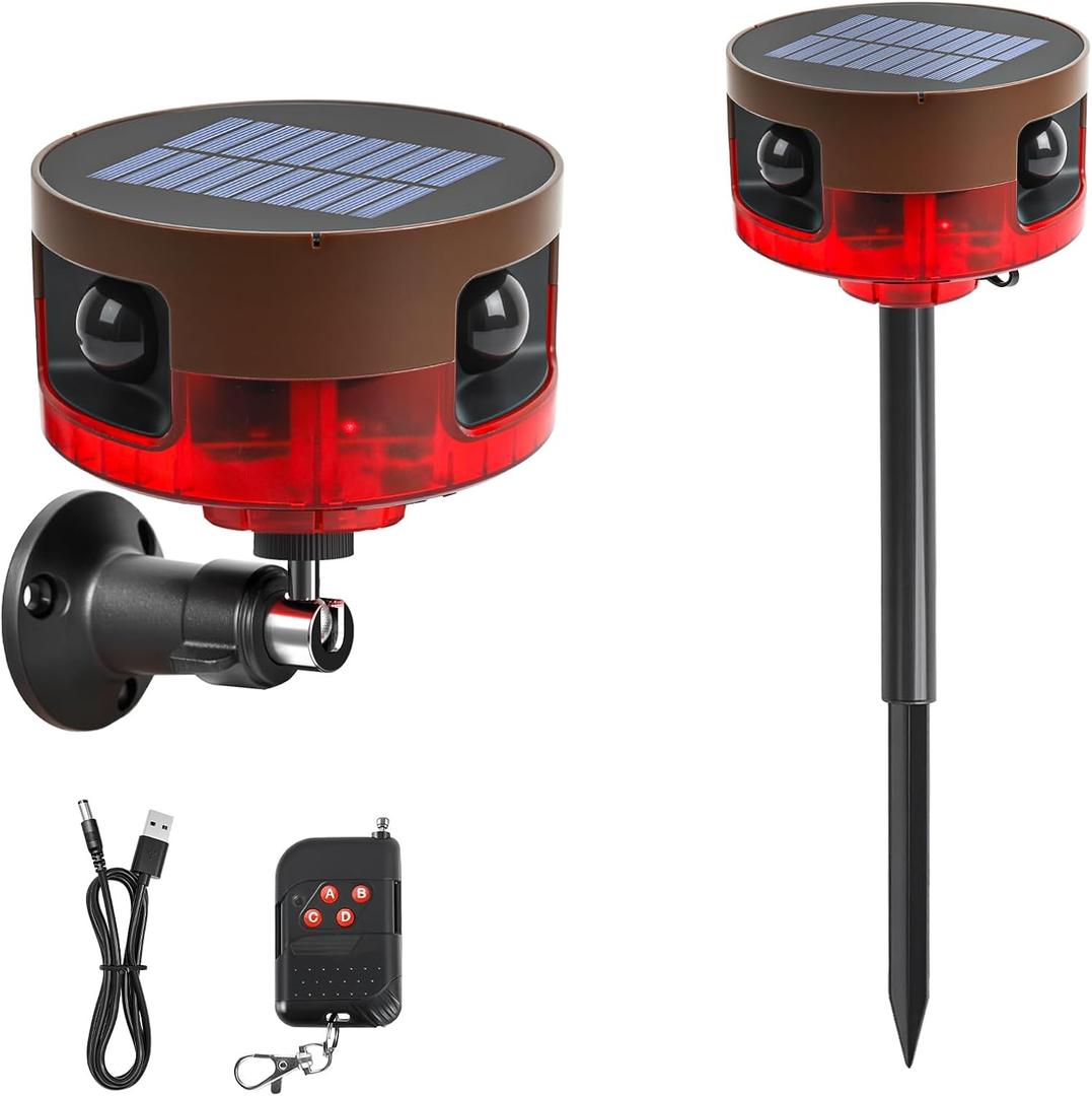 Solar Outdoor Motion Sensor Alarm-Dog Barking or Gunshot Sound, 130dB Noise, 13 Sounds & 360 Motion Detector Alarm Support Recording, with Remote Controller for Home, Villa,Yard,Chicken coop (Red + Brown)