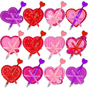Thenshop 48 Pcs Valentine's Day Sticky Notes with Pens Set Galentines Gifts Bulk 24 Heart Ballpoint Pens 864 Sheets Heart Sticky Notes and 3 Rolls Ribbon for Valentines Exchange Gifts Party Favors