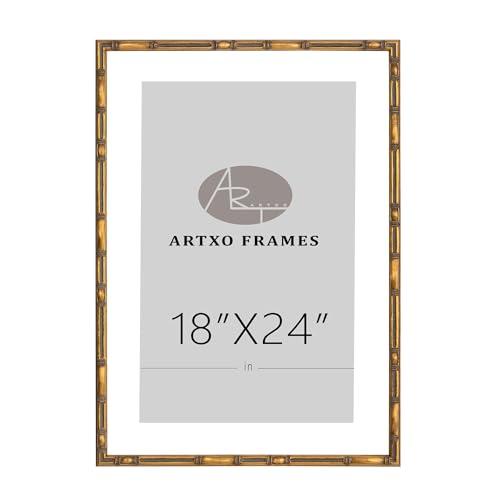 ArtXO 18"x24" Picture Frame Wooden, Display Pictures 16"x20" with Mat or 18"x24" Without Mat, Gold Bamboo Poster Frames,Hanging Photo Frame Wall