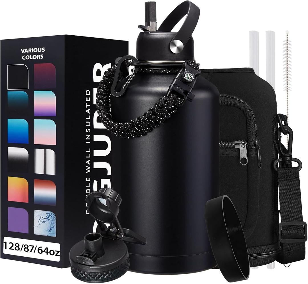 Insulated Water Bottle 64oz - w/Paracord Handle, Straw & Spout Lids, Carrier Bag, Half Gallon Sport Stainless Steel Water Flask Jug, Thermo Mug Double-wall Vacuum Water Bottle (Black)