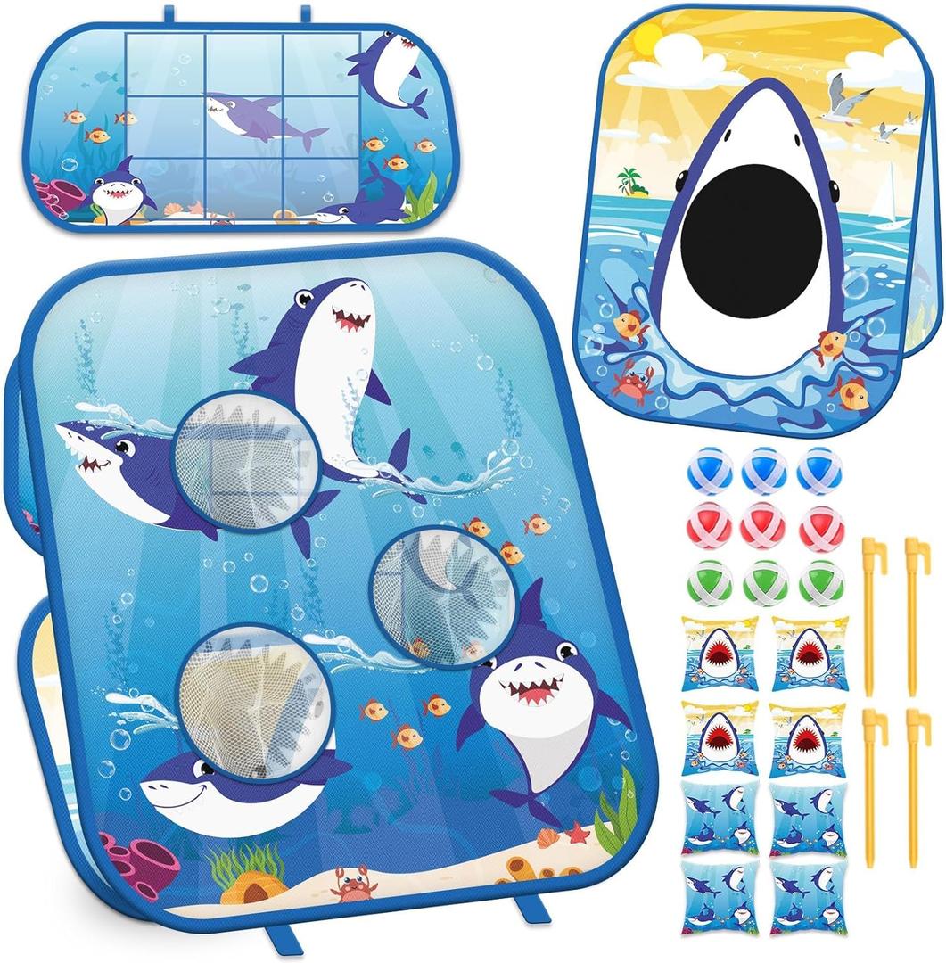 chiazllta Shark Bean Bag Toss Games Toys for Family Party Supplies 3 in 1 Toy Foldable Cornhole Lawn Carnival Game Gift for Kids Toddler Ages 3-8 Outdoor Tic Tac Toe Target Game Birthday Activity